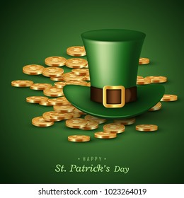St. Patrick's Day card. Green leprechaun hat with coins. Greeting holiday design. Vector illustration.