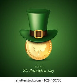 St. Patrick's Day card. Green leprechaun hat with coin. Greeting holiday design. Vector illustration.