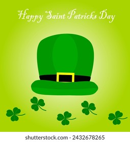 St. Patrick's Day card with green hat and clover leaves in cartoon style.