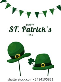 St. Patrick's Day card with green Elf hats on sticks and garlands of flags on white background. Festive background for web use, printing and unique festive design.