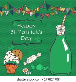 St. Patrick's Day card with hand drawn doodle candies, cupcake with clover, bunting flags and bottle of emerald green drink in bottle with a striped straw on polka dot background.