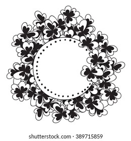 St. Patricks day card. Hand drawn clovers and label with space for text on white background.