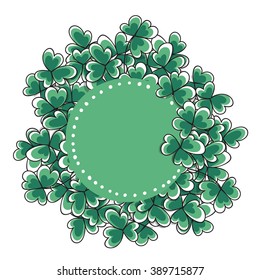 St. Patricks day card. Hand drawn clovers and label with space for text on white background.