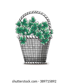 St. Patricks day card. Hand drawn basket full of clovers.