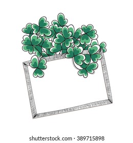 St. Patricks day card. Hand drawn clovers and label with space for text on white background.