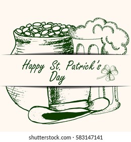 St. Patrick's day card. Hand drawn ink sketch vector illustration.