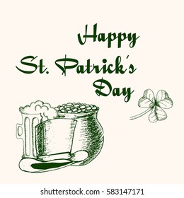 St. Patrick's day card. Hand drawn ink sketch vector illustration.