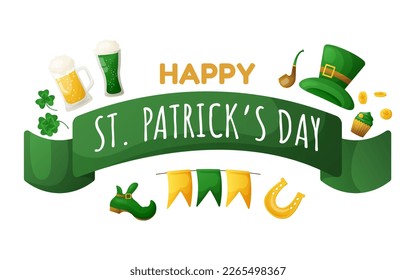 St. patrick's day card with hat, coins, horseshoe, glasses with beer, shoe and clover
