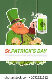 St. Patricks Day Card With Leprechaun Drinking Beer On Green Wooden Background Flat Vector Illustration