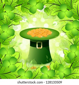 St. Patrick's Day Card with  Leprechaun Hat, Gold Coins, Leaves and Shamrock