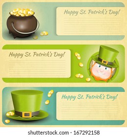 St Patricks Day Card. Leprechaun and Pot of Gold. Place for Text. Vector Illustration.