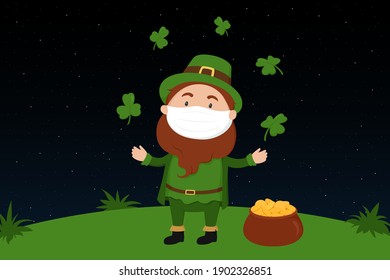 St. Patrick's Day card. Leprechaun in face mask and pot of gold. Vector illustration.