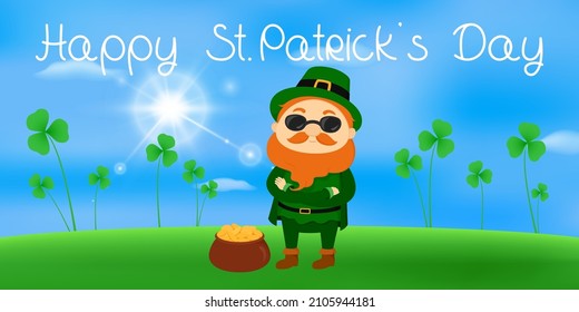 St. Patrick's Day card. Leprechaun in sunglasses standing with pot of gold. Vector illustration.