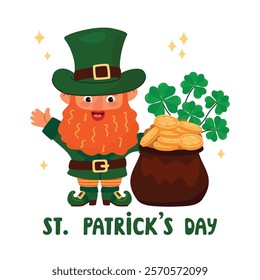 St. Patrick's Day card with leprechaun, pot of gold and four leaf clover. Funny character with a red beard, green hat and waistcoat. Colorful banner with hand written, coins, magic gnome. Vector flat 