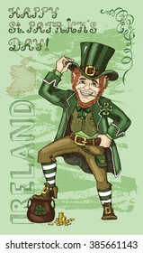 St. Patricks Day card with Leprechaun and lettering Ireland on textured background. Colorful doodle vector illustration with hand drawn elements of smiling dwarf and text vertical. 