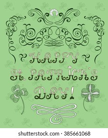 St. Patricks Day card with lettering, shamrock and celtic patterns on green textured background. Vector illustration with hand drawn elements and text