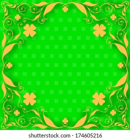  St. Patrick's day card, orange floral frame with clovers on green  background with clover pattern
