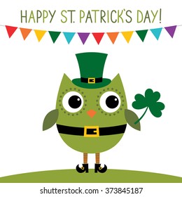 St. Patrick's Day card with an owl in leprechaun costume