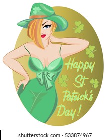 St. Patrick's Day card with pin-up sexy girl character vector illustration