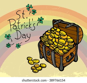 St. Patrick's Day card, poster elements with hand drawn sketch treasure coffer. Vector illustration, isolated background