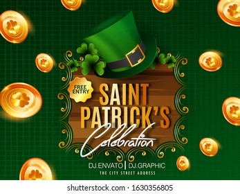 St. Patricks Day Card with Pot Full of Golden Coins, Green Hat and Shamrock on Blurred Green Background.