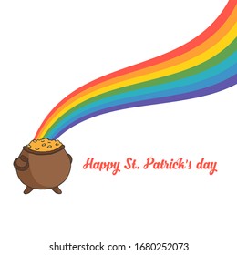 A St. Patrick's day card with pot of coins and Rainbow. Vector illustration. Stock vector.