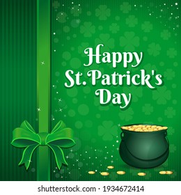 St. Patricks Day card. Pot of leprechaun gold on green festive background. Vector illustration