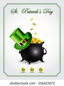 St. Patrick's Day card with pot of gold and Leprechaun green hat.