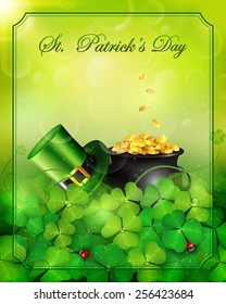 St. Patrick's Day card with pot of gold and Leprechaun green hat with clover