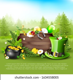 St. Patrick's Day card. Spring meadow with Leprechaun`s hat, pot of gold, cloverleafs and balloons in the colors of Ireland. Place for your text