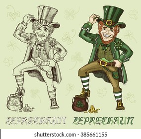 St. Patricks Day card symbol. Colorful and engraved Leprechaun with pot of gold on green textured background. Line art doodle vector illustration with hand drawn happy smiling dwarf and text. 