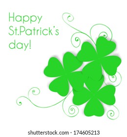  St. Patrick's day card, three four leaf green paper clovers on white  background with hand - drawn floral ornaments