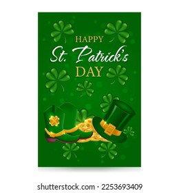 St. Patrick's Day card with wealth. Gold coins, Leprechaun hat, Leprechaun shoes, shamrocks. St.Patrick's Day background. Vector illustration.