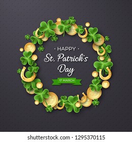 St. Patricks Day card. Wreath with clover leaves, golden horseshoes and coins on dark background for greeting holiday design. Vector illustration.