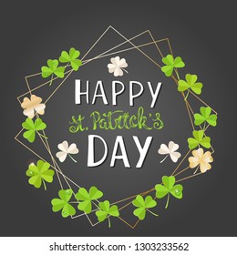 St. Patricks Day card. Wreath with clover leaves and gold geometry frames on gray background with water drops for greeting holiday design and lettering. Vector illustration. Eps-10