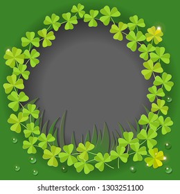 St. Patricks Day card. Wreath with clover leaves on green background with water drops for greeting holiday design with space for text. Vector illustration. Eps-10