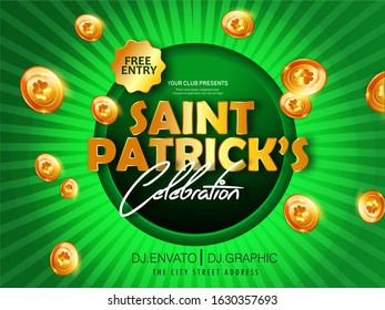 St. Patricks Day Card,Poster with Pot Full of Golden Coins, Green Hat and Shamrock on Blurred Green Background.