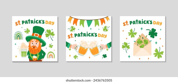 St. Patrick's day cards set. Greeting post background for Social media. Holidays square invitation. Festive Irish elements flags, shamrocks, beer, rainbow, leprechaun. Vector flat illustration.