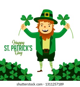 St Patricks Day Cartoon Character Mascot Holding Green Leafs With Happy Smiley Face