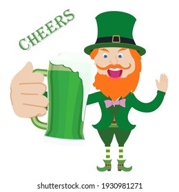 St. Patrick's day, cartoon character, flat design, holding beer, invite to drink beer, vector illustration.