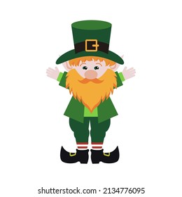 St Patricks day. Cartoon happy leprechaun waving hands. Leprechaun presenting.