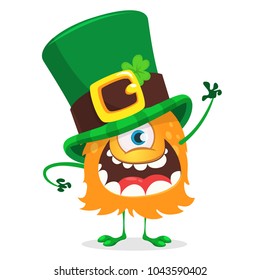 St. Patrick's day. Cartoon one eyed monster wearing irish hat with a four leaf clover isolated on white background. Vector illustration
