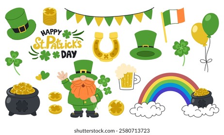 St. Patrick's Day cartoon set. A collection of elements for an Irish holiday. Leprechaun, rainbow, pots of gold, clover and other traditional holiday elements. Isolated on a white background.