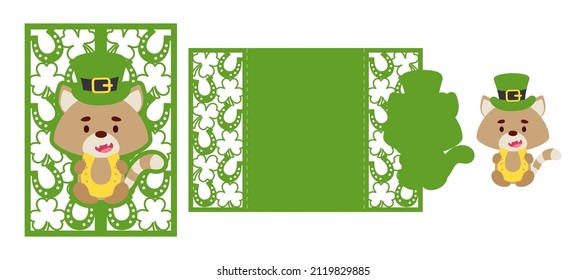 St. Patrick's Day cat laser cutting invitation card template. Paper cut out silhouette for plotter and silk screen printing. Vector stock illustration.