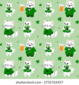 St. Patricks Day Cat Seamless Pattern with Beer and Shamrocks