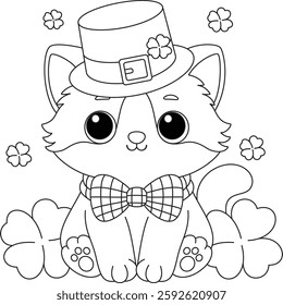 St Patrick's Day Cat Wearing Hat Coloring Page for Kids