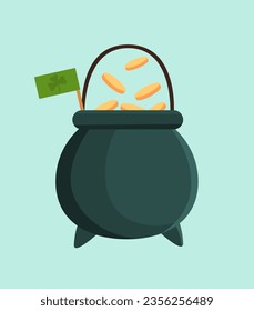 St patricks day cauldron with coins concept. Traditional Irish holiday symbol. Pot with cash and wealth, treasure. Luck and fortune. Cartoon flat vector illustration isolated on blue background