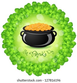 St. Patrick's Day Cauldron with Gold Coins and Shamrock Around