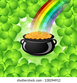 St. Patrick's Day Cauldron with Gold Coins, Rainbow and Shamrock