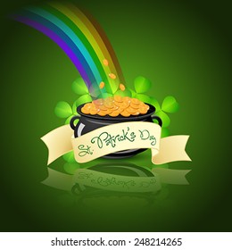 St. Patricks Day Cauldron with Gold Coins, Rainbow and Shamrock